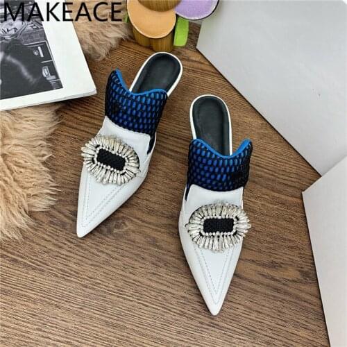 Kitten Heels Mules Shoes Women Pointed Toe Crystal Shoes Woman Leather Mesh Patchwork Designer Shoes Sexy Slippers Women 2021