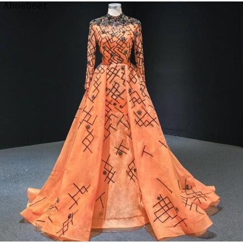 DD JYOY Orange Long Sleeve Evening Dress New Fashion Black Beading High Neck A Line Evening Gown Elegant Formal Dress