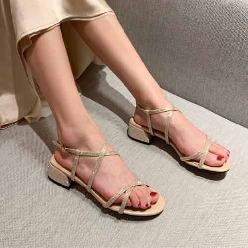 Sexy Summer Ladies Size 31-43 open toe low heels Sandals Womens Rhinestones Square Toe Women Shoes Female Footwear Ankle Strap