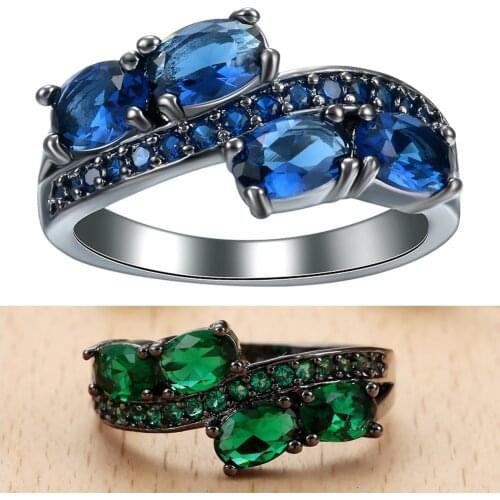 Luxury Women Jewelry Black Gold Color Green / Naby Blue Oval Cut Zircon Rings for Wedding Engagement Set Gifts