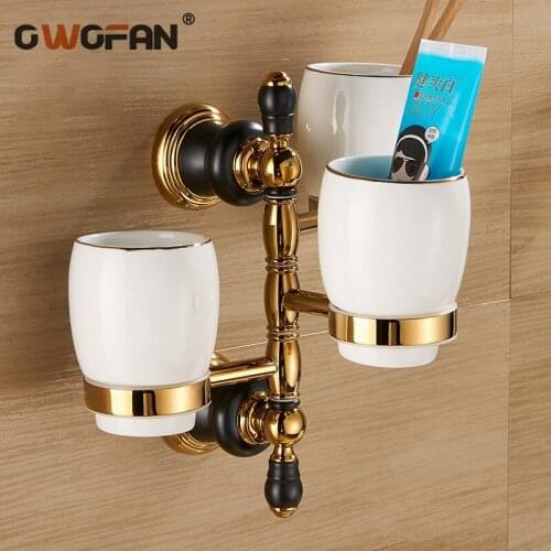 Luxury Gold Bathroom Three Cup Holders Adjustable Porcelain Wall Mounted Toothbrush Cup Holder Bathroom Accessories XL66836