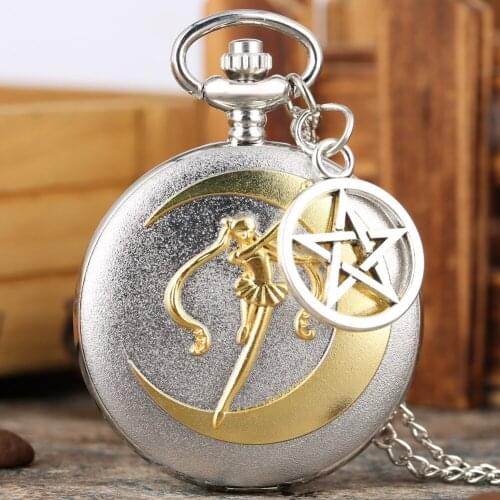 Silver Cartoon Girl Warrior Quartz Pocket Watch New Fashion Ladies Star Ultra-thin Necklace Chain Clock with Five-pointed Star