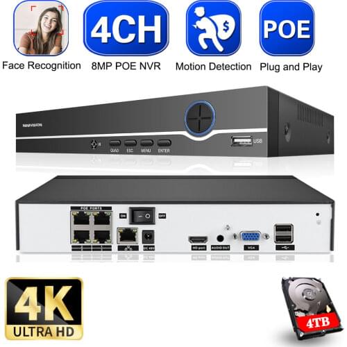 4ch 8MP POE NVR Face Recognition H.265+ 4K NVR Onvif Network Video Recorder 2 HDD24/7 Recording IP Camera Onvif P2P Sy