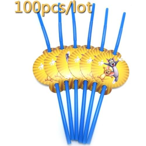100pcs/Lot Tom Cat Jerry Mouse Design Straw Kids Boy Favors Drink Straws Happy Baby Shower Decorations Birthday Party Tableware