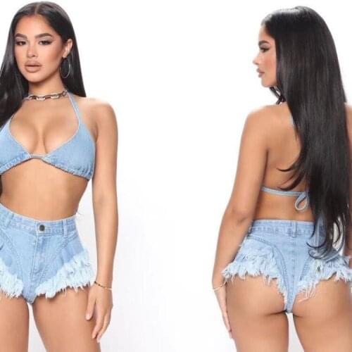 Super Short Jeans Hanging Neck Hair Hem Hip Hot Pants Sexy Nightclub Bikini Halter Shorts Fashion Shop Suit Woman