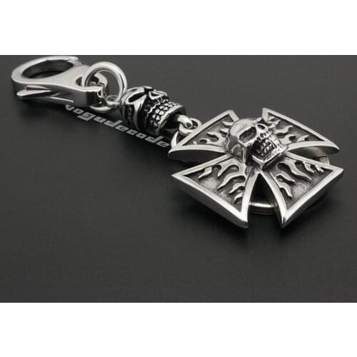 Unique 316L Stainless Steel Flame Skull Mens Biker Rocker Keychain 6R002KC-3P3
