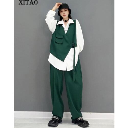 XITAO Patchwork Pocket Turn-down Collar Bandage Single Breasted Pant Sets 2021 Autumn New Casual Fashion All Match GWJ0150