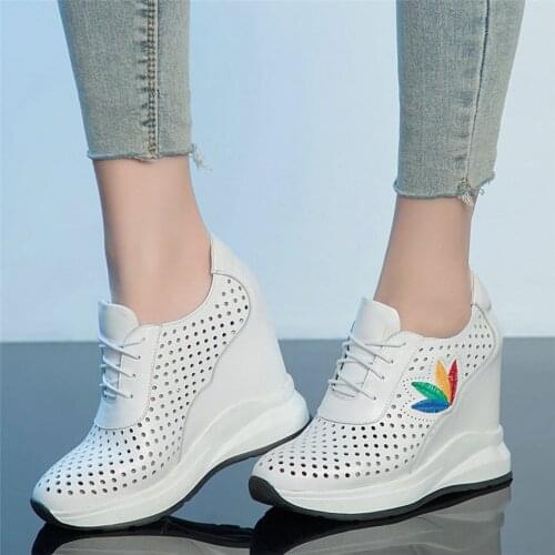 Women Genuine Leather Lace Up Wedges Platform Super High Heel Ankle Boots Female Summer Breathable Fashion Sneakers Casual Shoes