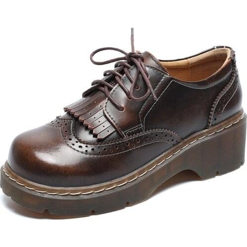 QPFJQD Lace Up Women Tassels Oxfords Round Toe Vintage Female Flats Handmade Genuine Split Leather Carving Fringe Brogues Shoes