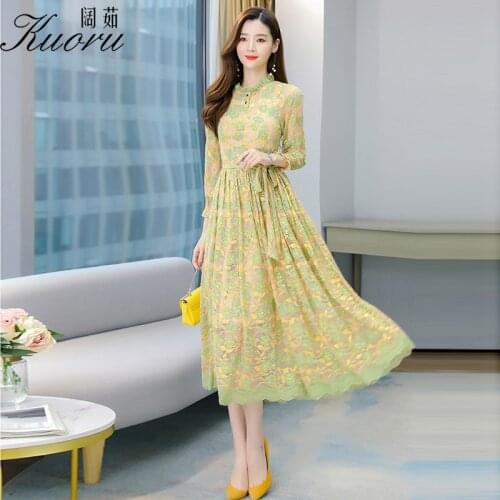 Women Autumn Pink Lace Midi Dress Vintage For Party Yellow Long Sleeve Ruffle Bodycon Spring Wrap Size 4XL Robe Longue Vestidos