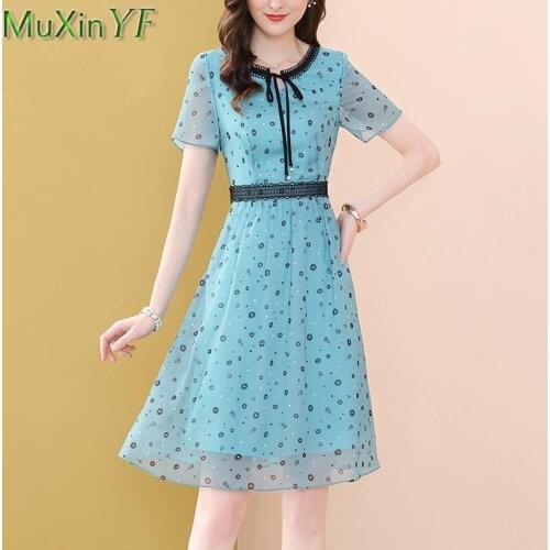 Blue Graceful Lace Up Bow-Knot Chiffon Dress Women Summer 2021 Office Lady Leisure Slim Print Floral Streetwear Fashion Clothing