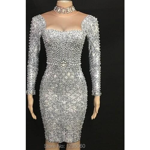 Sparkly Pearl Rhinestone Gray Dress Fashion Long Sleeves Skinny Dress Prom Nude Stretch Dress Singer Birthday Celebrate Dresses