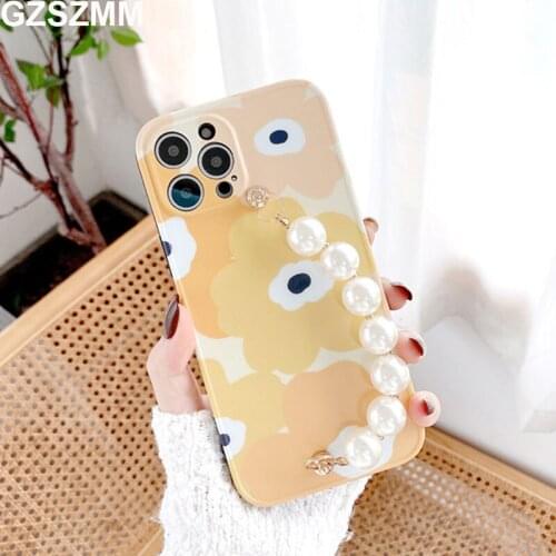 For IPhone 12 Pro Case Fresh Flower Phone Case for IPhone 12 11 Pro Max XR XS Max 7 8 Plus X Soft IMD Cover with Pearl Bracelet
