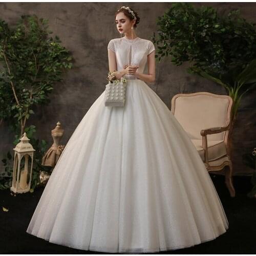Elegant A-line Sweetheart Shiny Wedding Dress Short Sleeve Simple Through Lace Up Back Bridal Gown Vintage French Vestido Noiva
