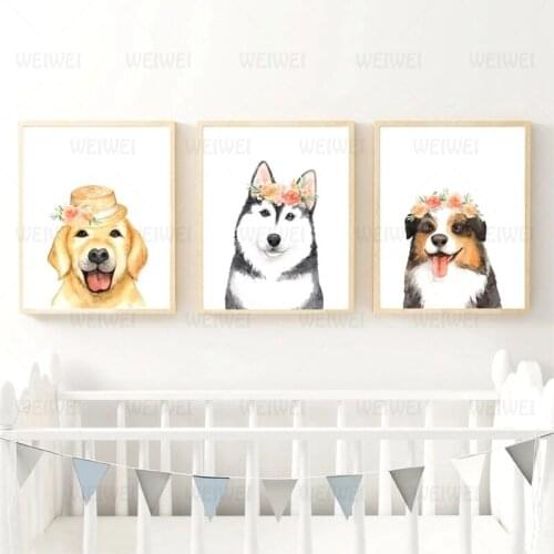 Cute and Warm Dog Canvas Painting Posters and Prints Floral Crown Puppy Wall Art Pictures for Living Room Golden Retriever Husky