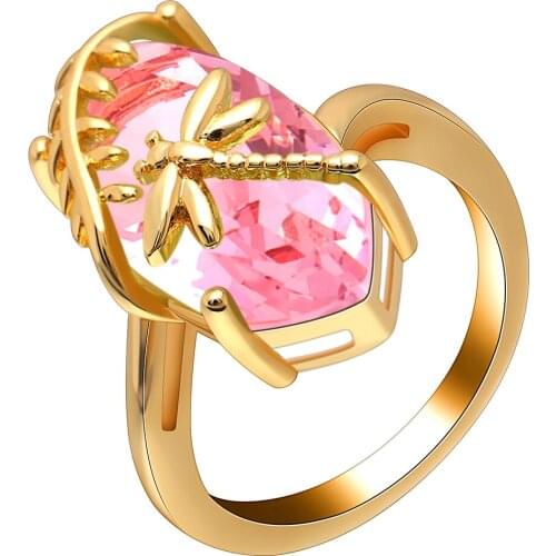 UFOORO Gold Dragonfly Created Ring Pave Fashion Big Pink Zircon Stone Ring for Woman Wedding Jewelry Lady Engagement Gift
