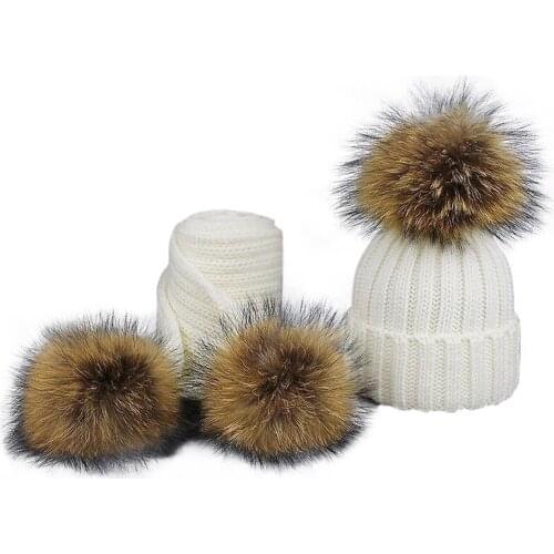 Boys and Girls Real Raccoon Fur Hat Set Winter Beanie Warm Knitted Bobble Nature Fur Pompom Children Hat and Scarf Suit,#5719