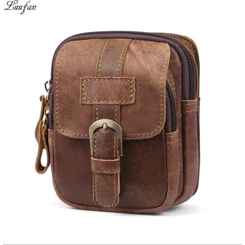 Luufan Genuine Leather Man Waist Pack Small Summer Pouch Hook Design Cigarette Case 4.7" Phone Pouch Belt Bag Male Summer Bag
