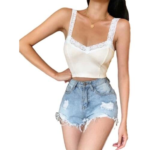 Summer Girls' Sexy Lace Patchwork Midriff-baring Camisole Ladies' Casual Solid Straps Vests V-neck Backless Short Tops