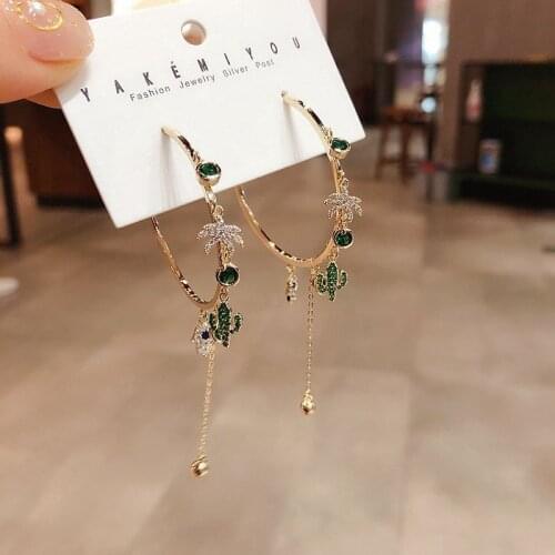 Fashion Cubic Zirconia Green Cactus Chain Earrings Exquisite Round Tassel Coconut Tree Ear Studs For Women Fashion Jewelry Gift