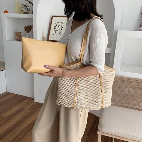 Fashion Straw Women Handbags Hollow Composite Bags Summer Beach Ladies Shoulder Shopping Bags Large Capacity Female Casual Tote