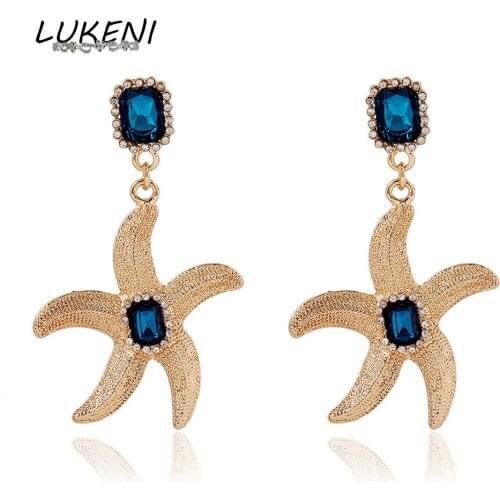 LUKENI 2017 Fashion Jewelry Starfish Created Gemstone Crystal Catwalk Dangle Earrings Rhinestone Hyperbole Long Earrings DE028