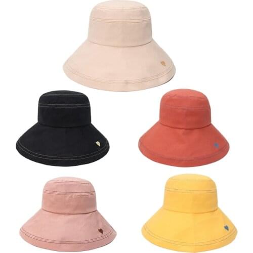 Women Summer Wide Brim Large Bucket Sun Hat Heart Embroidery Solid Color Foldable Panama Fisherman Cap with Chin Strap