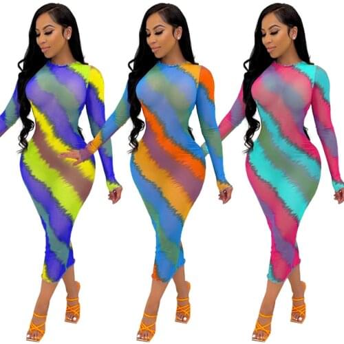Sexy Women Long Dress Colorful Full Sleeve Streetwear See Through Summer Clothes For Women Outfit