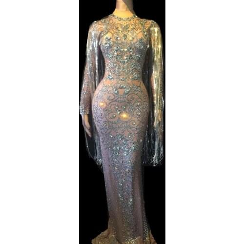 Festival Clothing Crystals Long Tassel Party Bodycon Dress Women Prom Wedding Floor Length Rhinestones Dress Singer Stage Dress