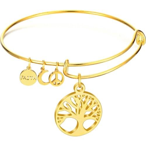 Simple Tree of Life Bracelet for Woman Stainless Steel Faith Moon Peace Bangle Trendy Jewelry Mothers Day Gift