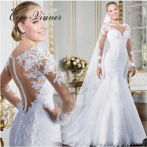 Sheer V-neck Long Sleeve Mermaid Wedding Dress 2021 See Through Illusion Back White Wedding Gowns Lace Appliques Bride W0058