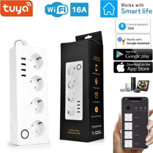 Wifi 4ports EU Smart Power Strip 16A Plug Socket Power Monitor USB Quick Charger Voice Control With Alexa Google Home Tuya App