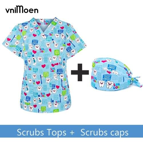 Nurse Uniform Women Short Sleeve V-neck Tops Working Uniform tooth Print Pocket Blouse Overalls Nurse clinico uniforme Wholesale