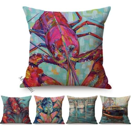 Lobster Vintage Oil Painting Cushions Cover Ocean Navigation Sailboat Style Home Decoration Linen Sofa Throw Pillow Case Cojines