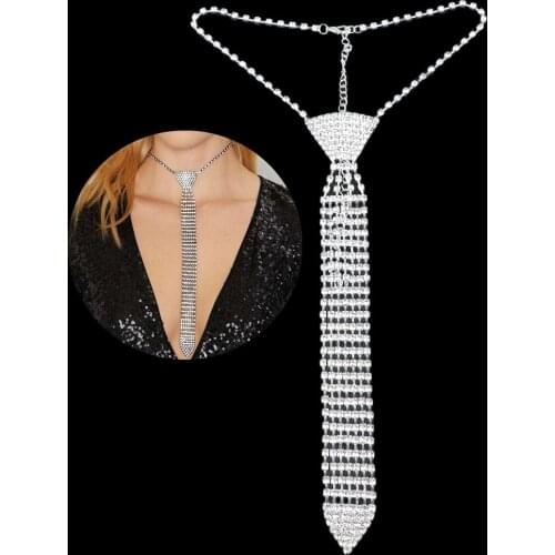 Elegant Tie Shaped Necklace Glitter Rhinestone Long Necklace Bead Chain Torque Women Wedding Prom Party Jewelry