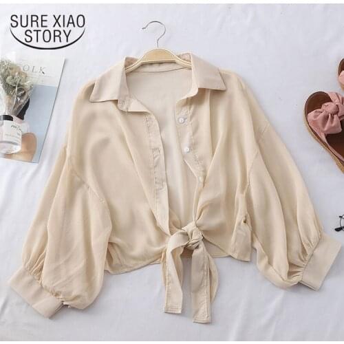 2020 Summer New Half Sleeve Buttoned Up Shirt Loose Casual Blouse Chiffon Shirts Women Tied Waist Elegant Blouses for Women 9776