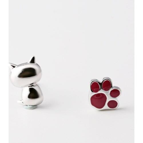 Cat paw asymmetric earring 100% 925 Sterling silver Jewelry fashion Hypoallergenic Stud earrings for women gift