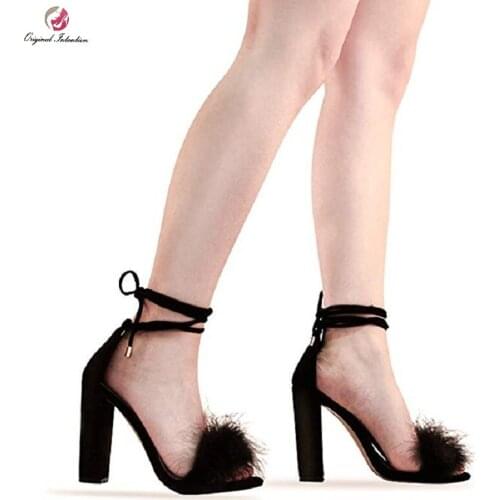 Women Sandals sexy Fashion Party Sandals Flock Square heel Ankle Strap Ankle Strap Black Sandals Heel Height 12-14cm Size 35-43