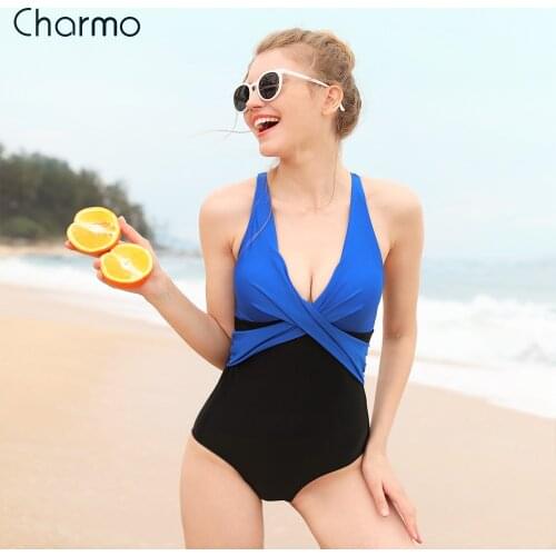 Charmo Women One Piece Swimwear Colorblock Swimsuit Cross Bathing Suit Patchwork Beachwear Elegant Monokini Solid Color Monokini