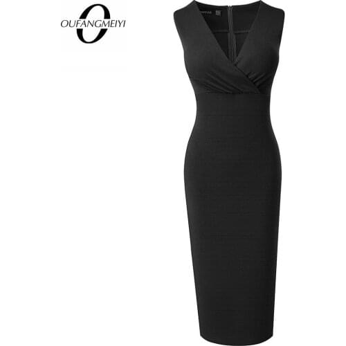 Women Sexy Charming Evening Party Pure Color Sleeveless Deep V Neck Bodycon Pencil Dress EB668