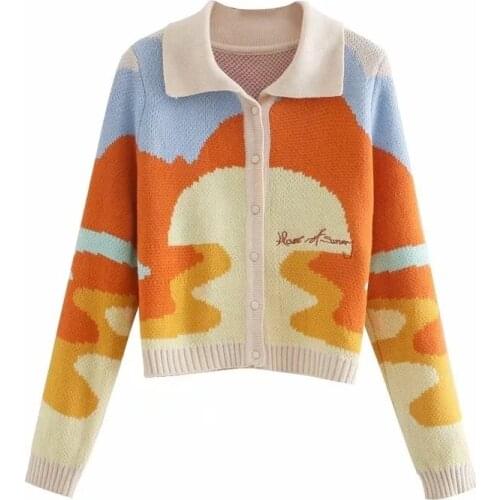 Women Autumn Vintage Sunshine Print Short Knitted Cardigan Sweater Chic Laides Fashion Single Breasted Knitwear Tops Y2K New