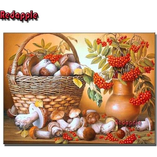 Mushrooms and red fruits DIY 5D Diamond Painting Full Round Resin Mosaic Bamboo basket, vase Diamond Embroidery Home Decor Gift