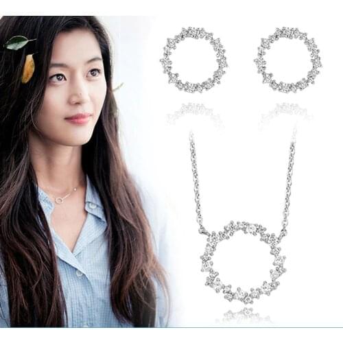 Bijoux New Arrivals Silver Color Crystal Circle Necklaces for Women Round Earrings Wedding Jewelry Pendientes Brincos