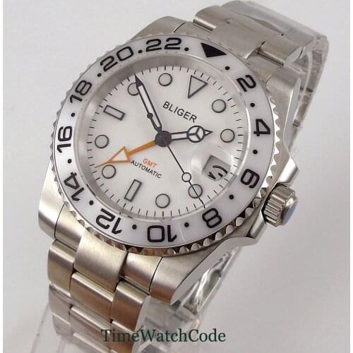 Bliger 40 mm automatic watch for man GMT function white dial luminous hands oyster bracelet date ceramic bezel insert 24 hours