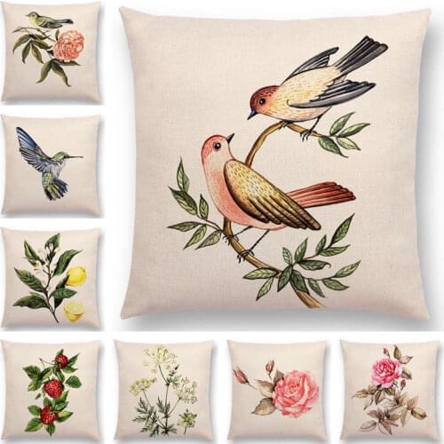 Lovely Birds Flowers Plants Sofa Pillow Case Hummingbird Rose Raspberries Lemon Dill Clove Almonds Cushion Cover