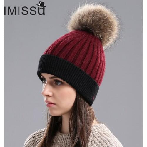 IMISSU Womens Winter Hats Knitted Real Wool Beanies Caps Raccoon Fur Pom Pom Hat Female Casual Outdoor Warm Thick Skullies