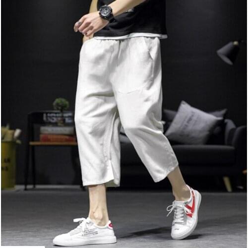 Mens Mid-calf Length Pants Linen Cropped Capri Casual NEW Drawstring Trousers