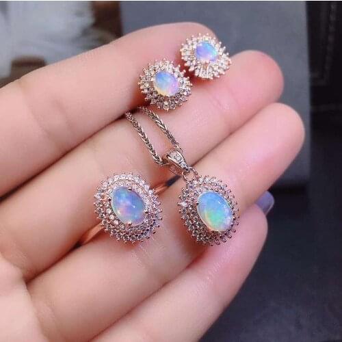 Free Shipping Natural Opal jewelry set Natural Real Opal 925 sterling silver 1pc pendant,1pc ring,2pcs Earring