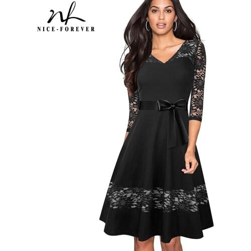 Nice-forever Autumn Floral Lace Patchwork with Sash Dresses Party Elegant Women Flared Dress btyA182