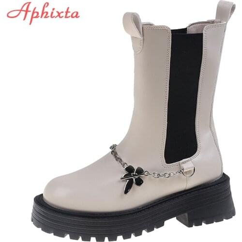 Aphixta 2021 New Winter Chelsea Platform Boots Women Elastic Band Breathable Thick Bottom Increased Spring and Autumn Shoes